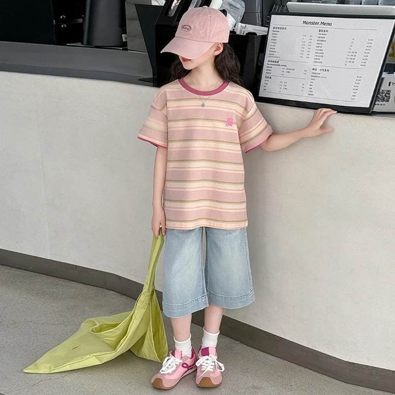 女童短袖套装夏装2025新款洋气儿童薄款牛仔短裤子大童休闲两件套