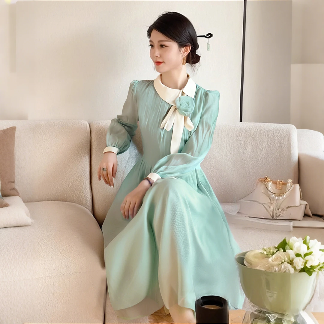 A【有里布】2025新款春季小香风显白温柔风收腰中长款连衣裙女D0413