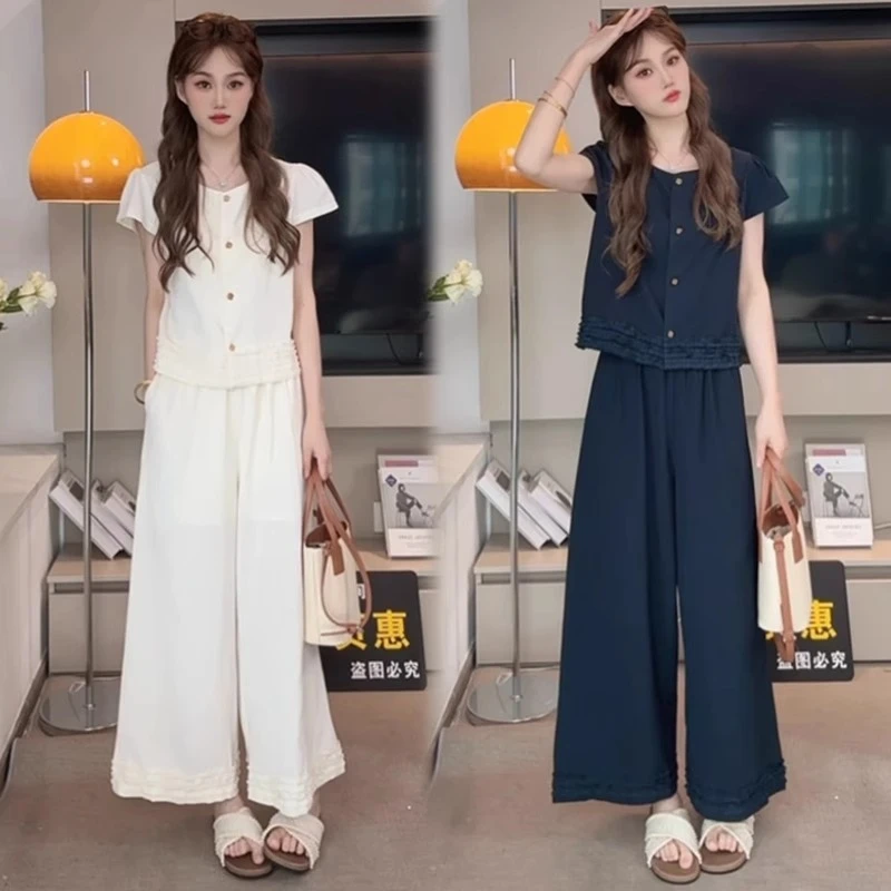 拉夏贝尔时尚套装女2025夏季新款洋气短袖上衣阔腿裤老钱风两件套