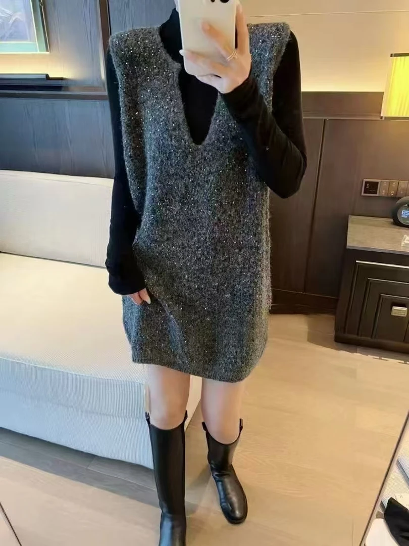 显瘦马甲女V领网红两件套针织马夹百搭女士套头中长款宽松