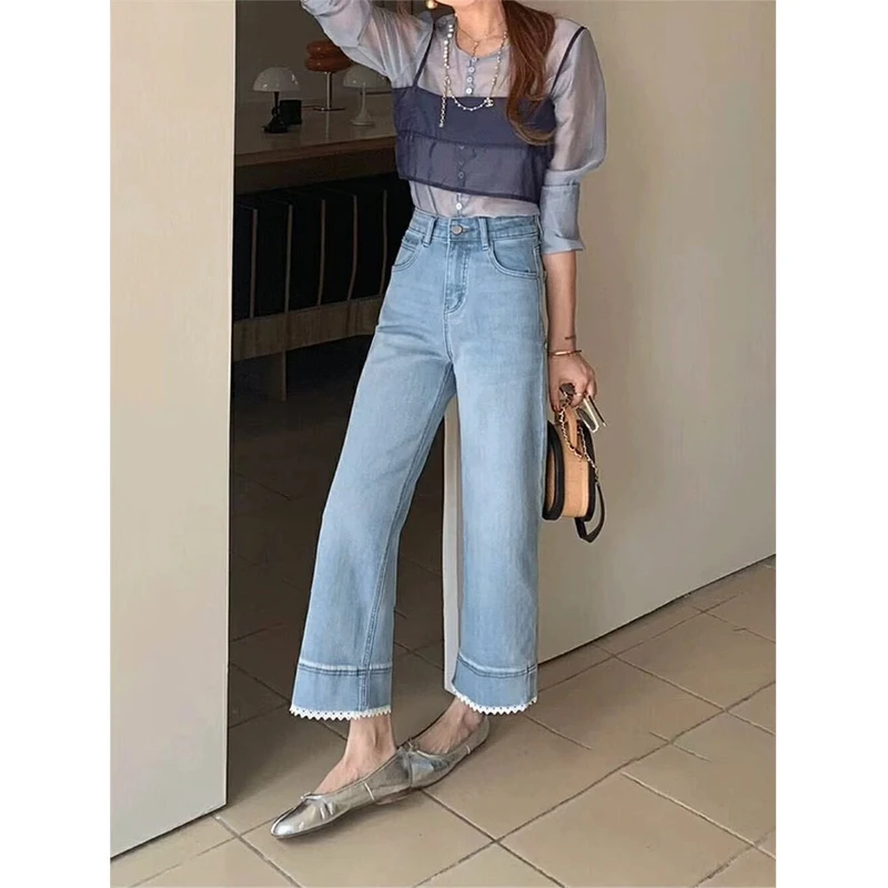 大码女装蕾丝拼接花边阔腿牛仔裤2025春秋季高腰弹力九分裤直筒裤