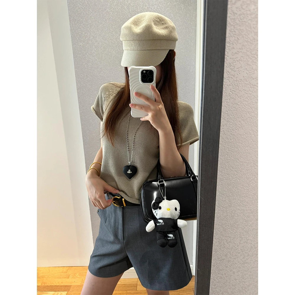 复古气质圆领针织短袖T恤女夏季冰丝透气修身显瘦休闲百搭薄上衣