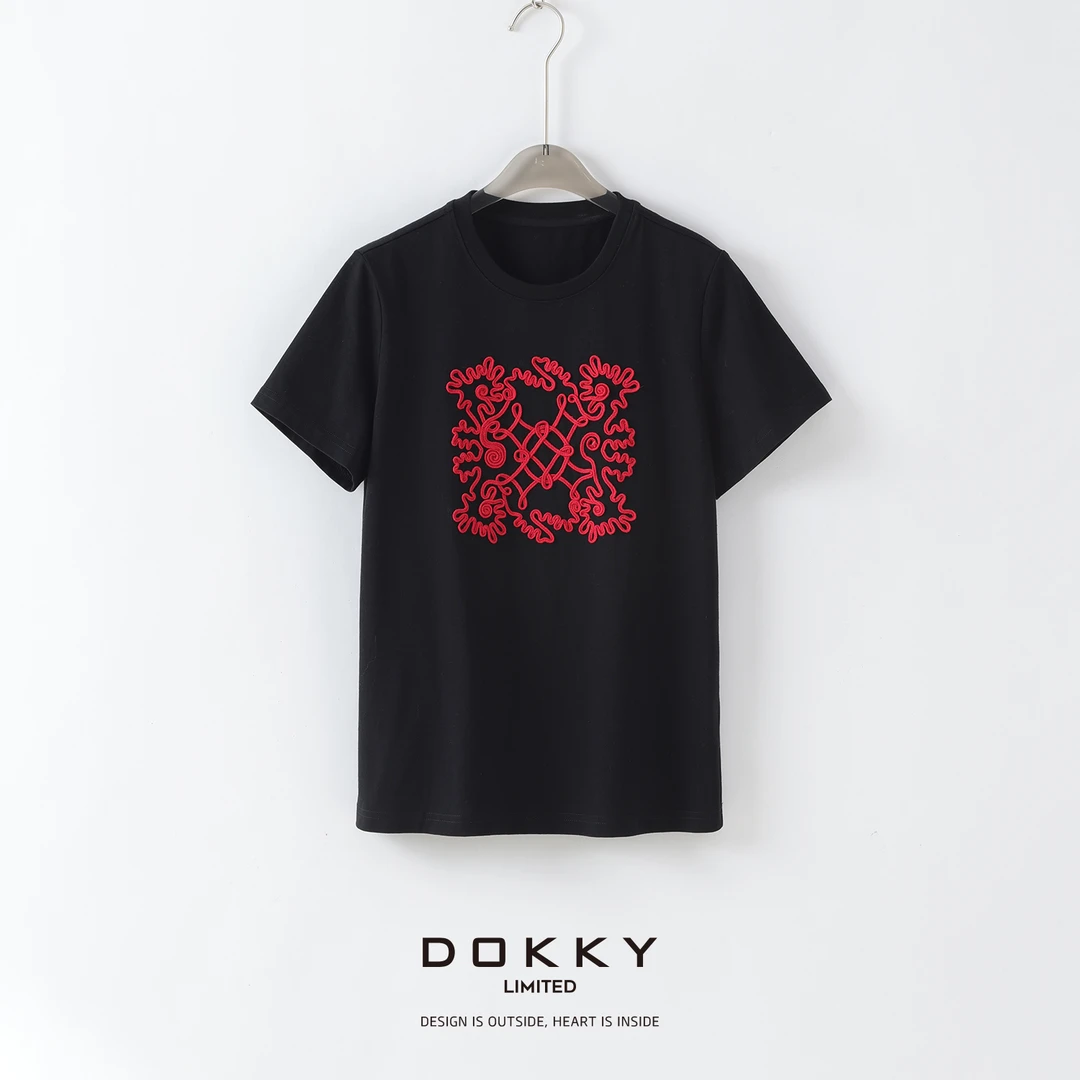 【意威红剪花·紫标】DOKKY舒适纯棉.重工红绣绳.休闲|短袖圆领T恤