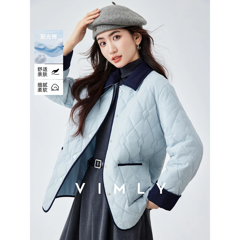 梵希蔓蓝色翻领菱格棉服女冬季撞色夹棉加厚短款直筒外套A3316