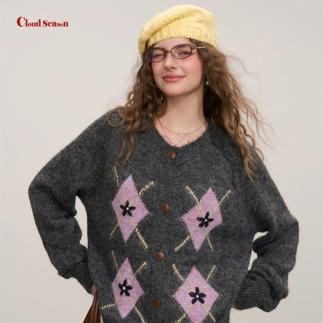 Cloud season【现货】菱格主义菱形针织衫秋冬圆领菱格拼色针织开衫