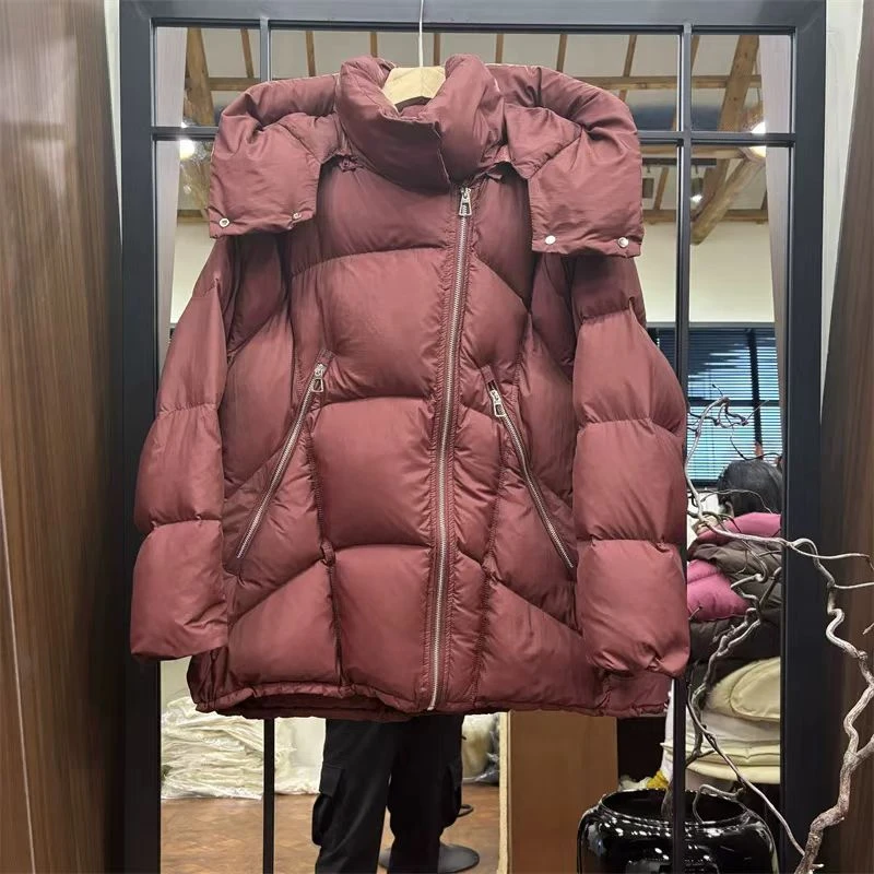 A38#泡芙中长款羽绒服2025女冬新款斜拉链加厚连帽保暖外套
