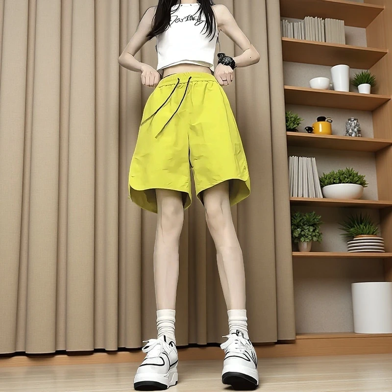 夏季速干紫色运动短裤女男外穿薄款冰丝透气裤子休闲排扣四五分裤