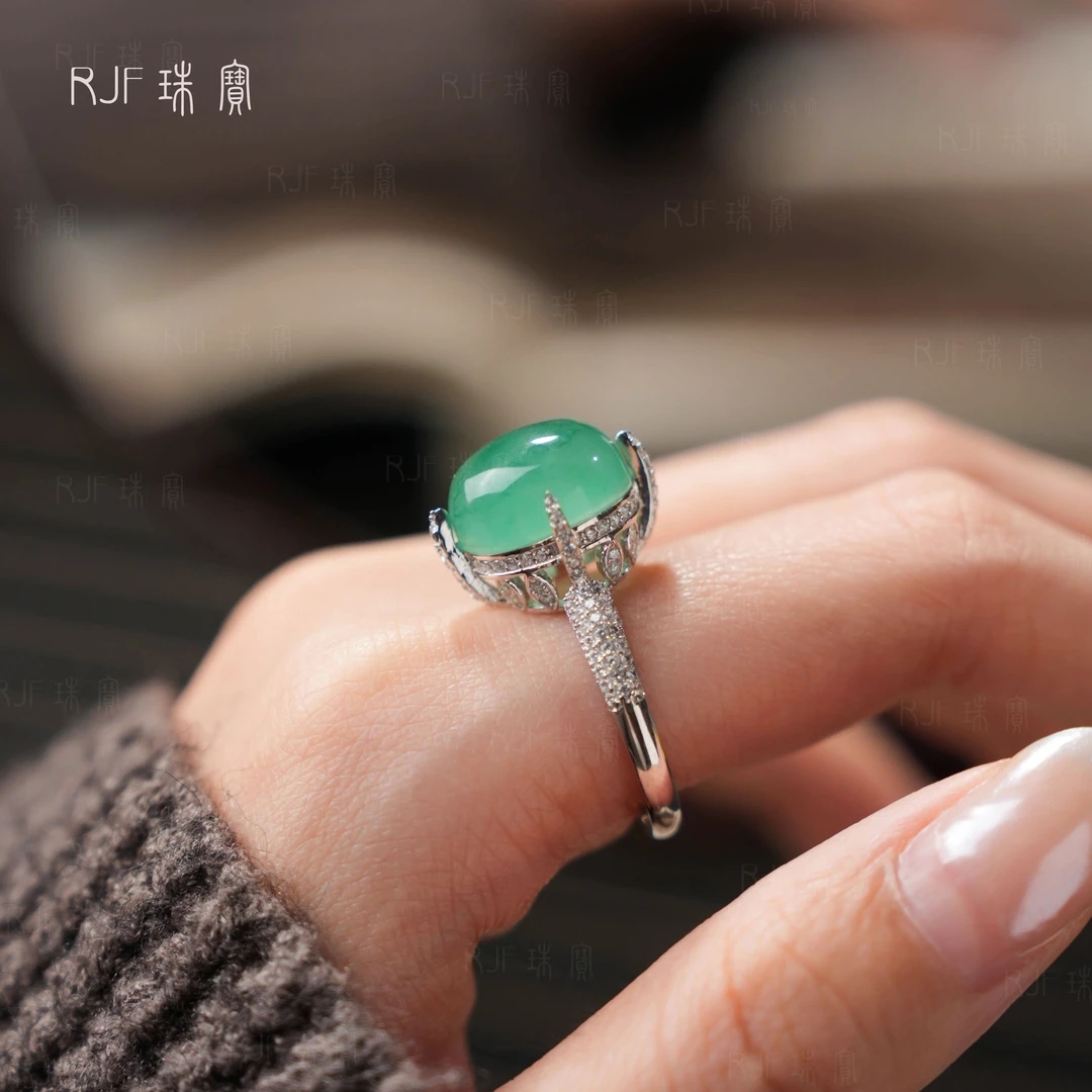 RJF【翠暮浓-深】天然非洲翠飘绿蛋面轻奢气质银戒（天然多样性发）
