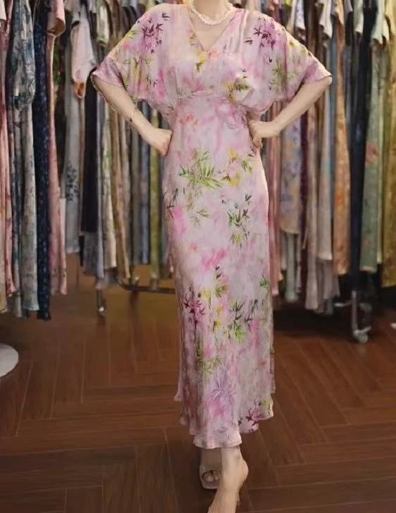 法式人丝香云☁️纱浪漫印花修身显瘦夏季连衣裙