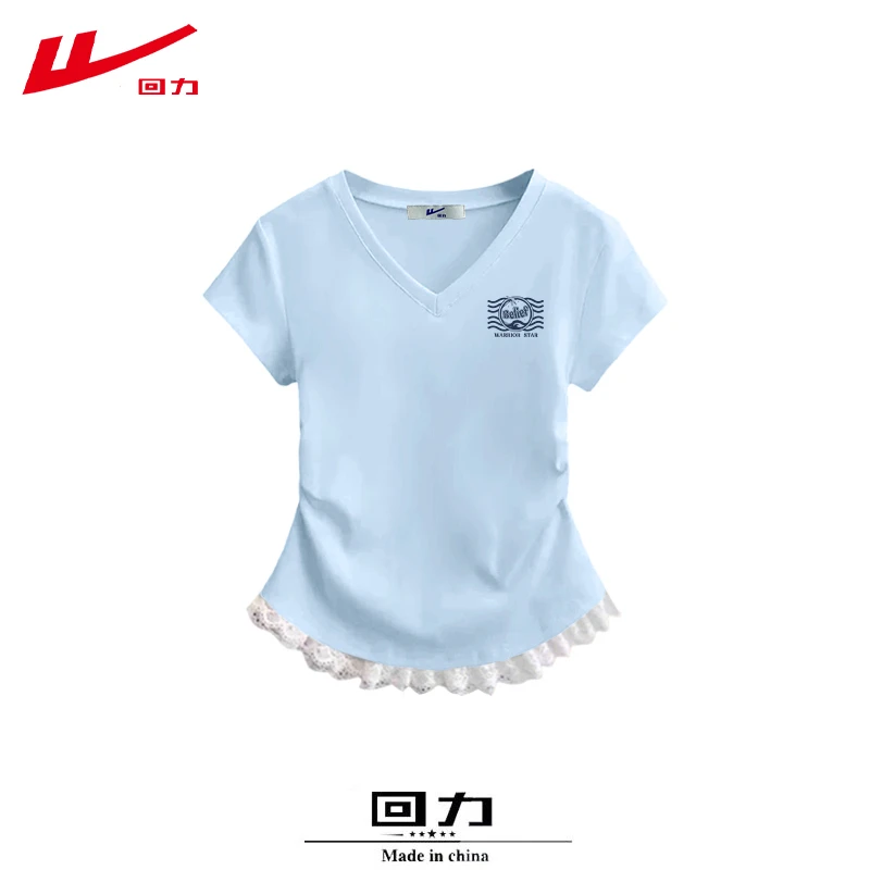 回力夏季夏装棉短袖短款辣妹多巴胺通勤T恤女修身小众蕾丝花边