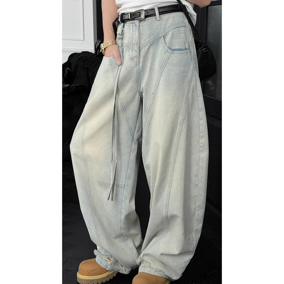 龙叨叨夏季新品美式复古原创设计飘带牛仔裤男高街破洞百搭弯刀裤