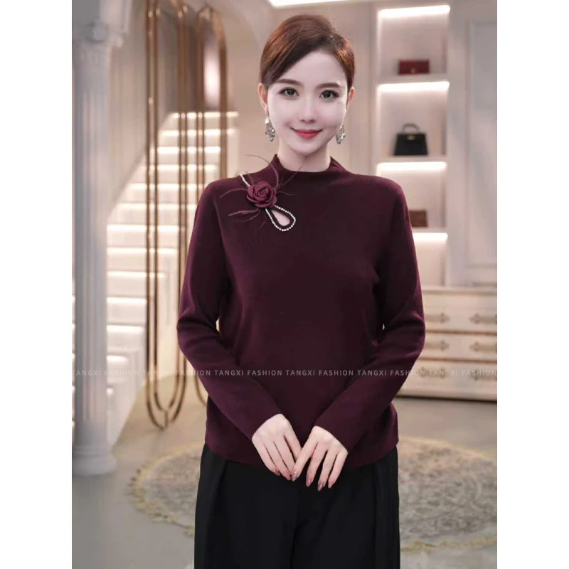 2026秋冬新款【JR-13】含绵羊毛别致气质风酒红色打底针织衫毛衣