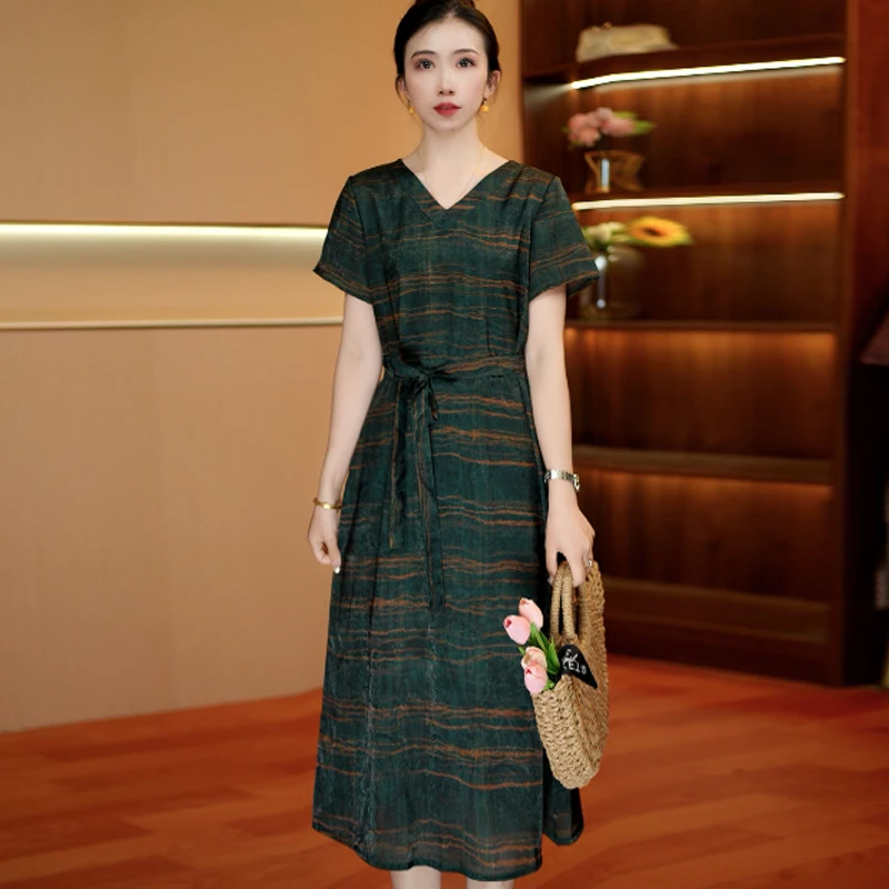 黛绿金缕V领腰风裙 新款中长款夏季时连衣裙百搭遮肉裙子