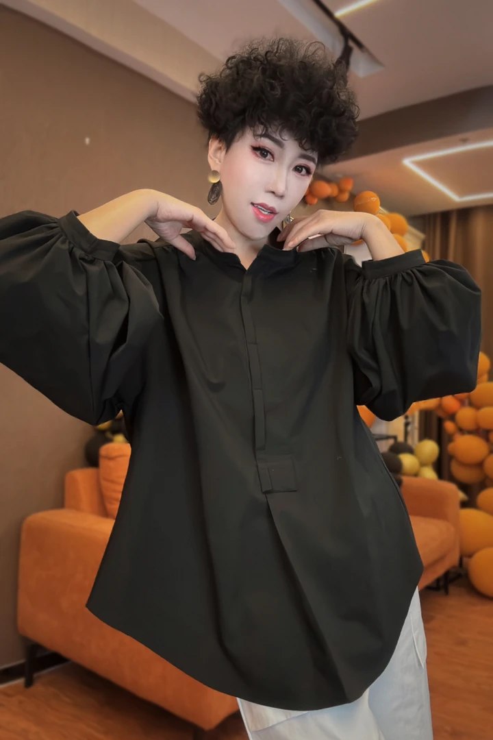 【妮菲丝娅】圆领灯笼袖衬衫宽松休闲气质上衣简约百搭衬衣89986