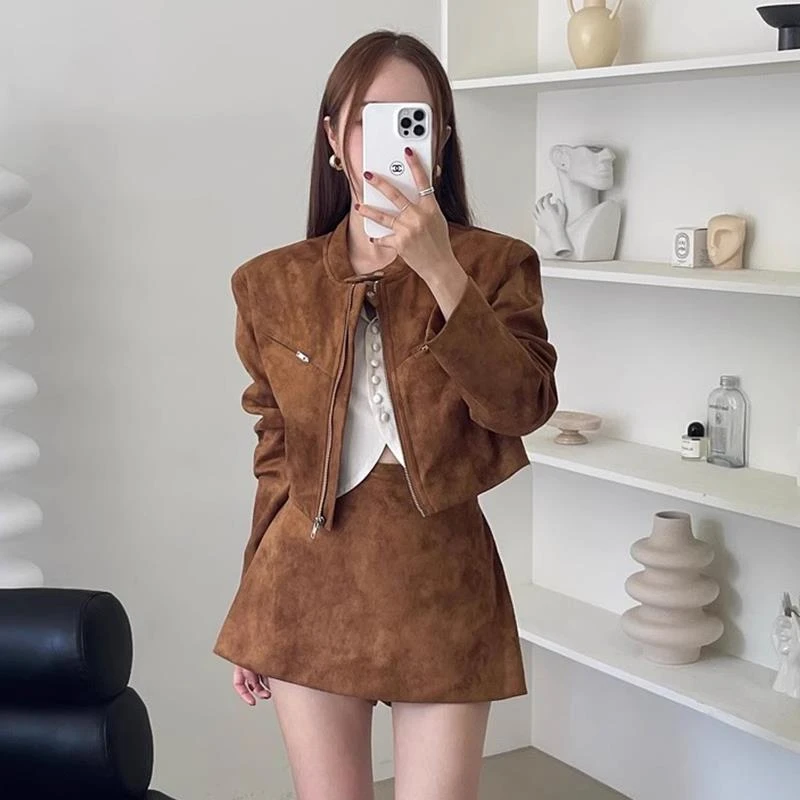 韩国秋季复古美拉德短款机车服夹克外套+字半身裙短裙两件套