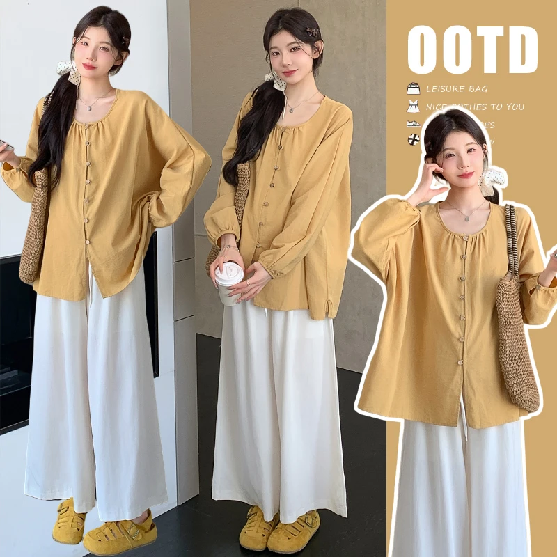 新款甜美孕妇舒适圆领衬衫高质量日常外出孕妈穿搭阔腿裤套装秋装