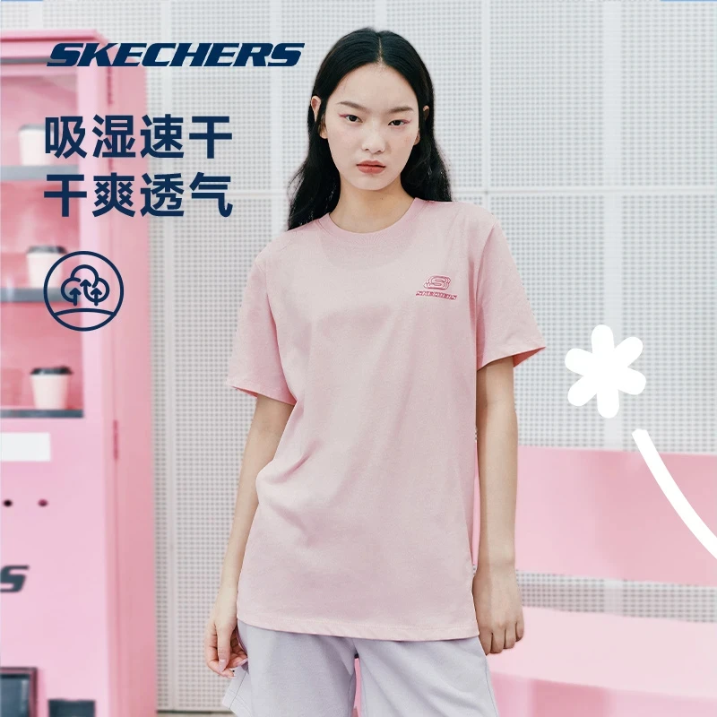 斯凯奇夏季男女休闲针织运动上衣圆领简约透气短袖T恤L223U046