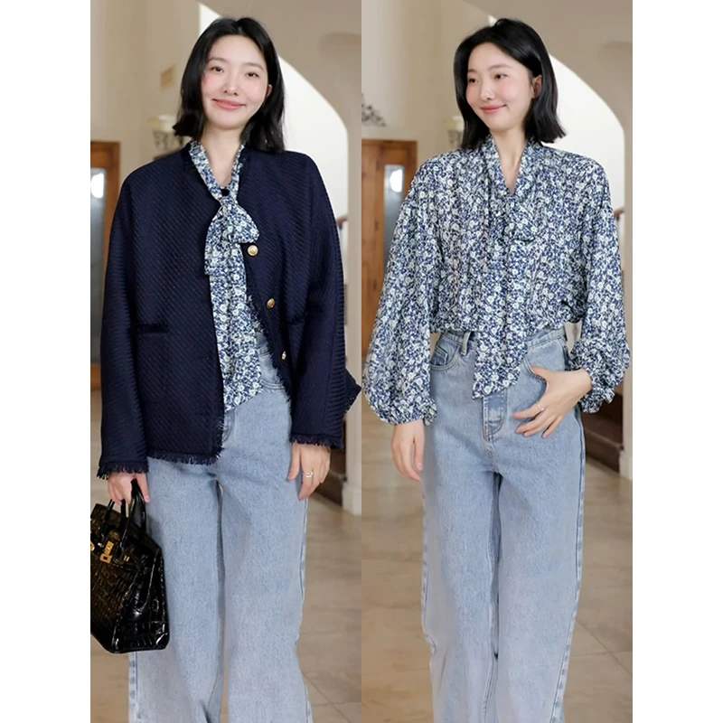 郭九九呢 气质富贵宽松显瘦小香风外套碎花飘带衬衫 G925A00955