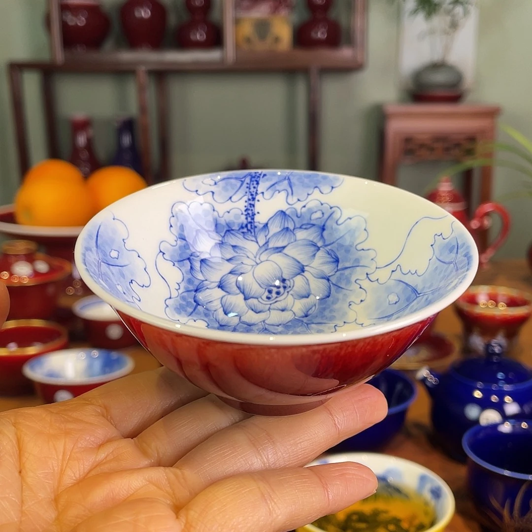 清欢雅玩原矿郎红内绘荷花杯