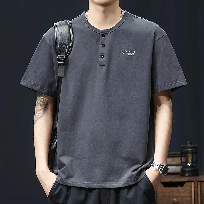 MR.MUDI/穆迪先生高端亨利领针织透气男短袖刺绣t恤夏季新款简约