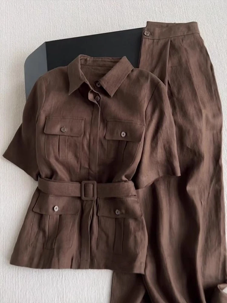 韩系简约高级感咖色衬衫2025年夏季新款时尚气质宽松阔腿裤套装女