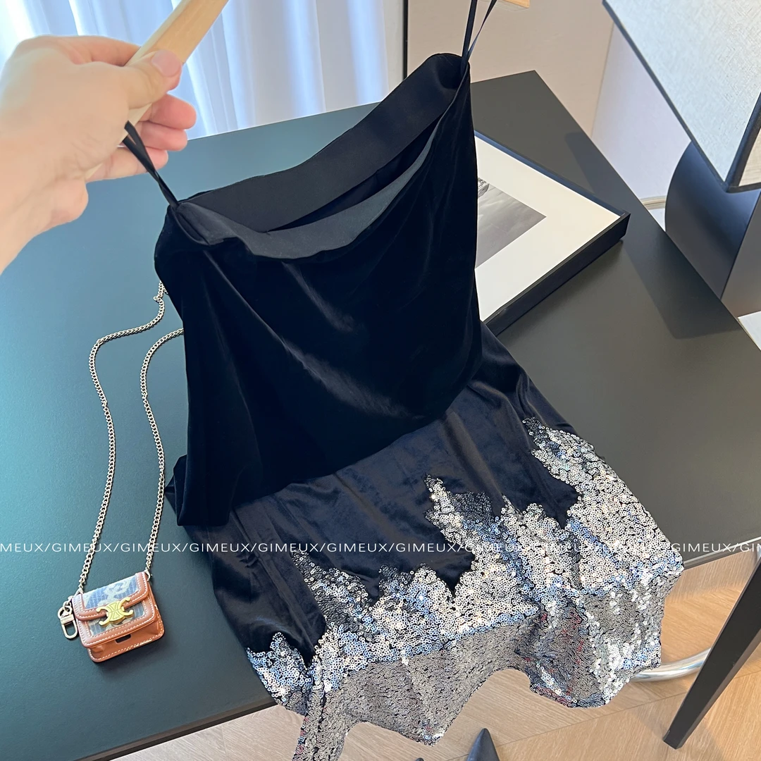 精致名媛风亮片拼接丝绒半身裙女2025新款轻奢高级显瘦A字半裙潮