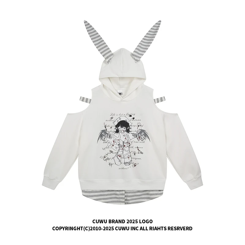 cuwu卡通女孩印花条纹耳朵连帽卫衣女男秋季假两件露肩慵懒风帽衫