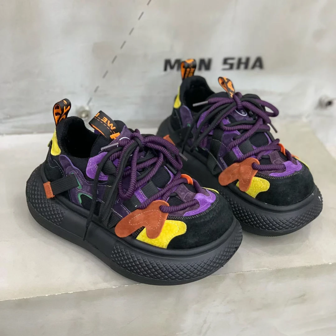 广州欧货【拼色胖丁】早春新款单鞋真皮6cm系带学院气质百搭松糕鞋