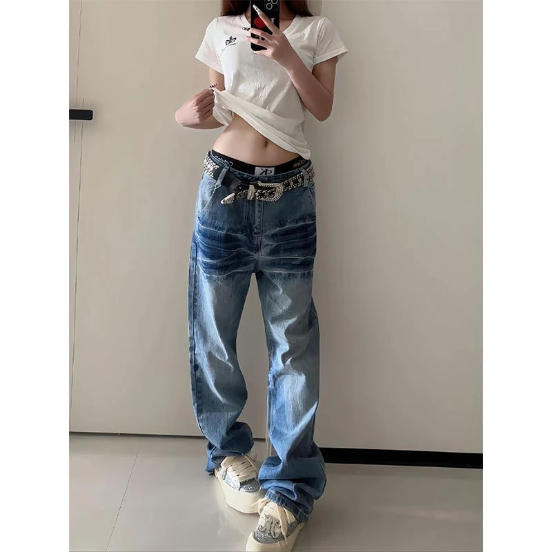 美式复古闪电纹牛仔裤男潮季高街vibe裤子cleanfit修身直筒微喇裤