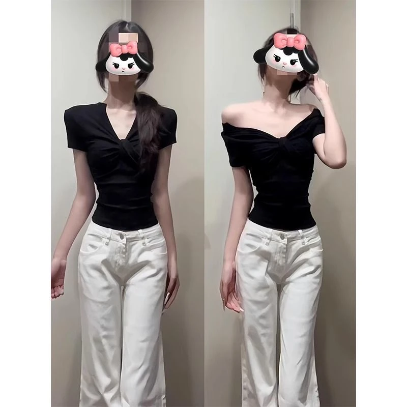 黑色绝美一字肩上衣夏款掐腰露肩辣妹短袖女t恤2025新款设计感