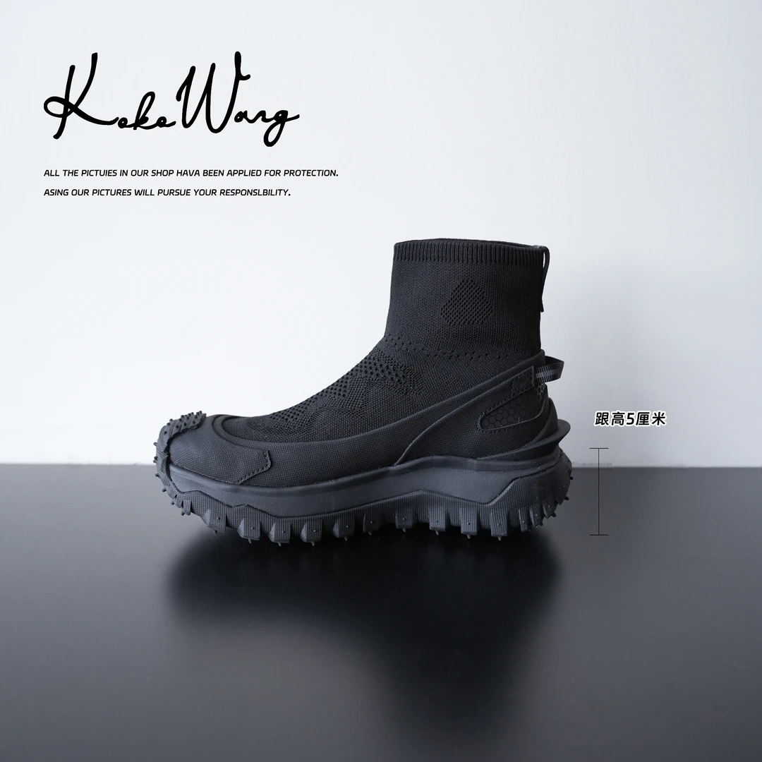 KOKO WANG新款时尚飞织三层弹力高帮一脚蹬针织袜子靴X7035I01X01