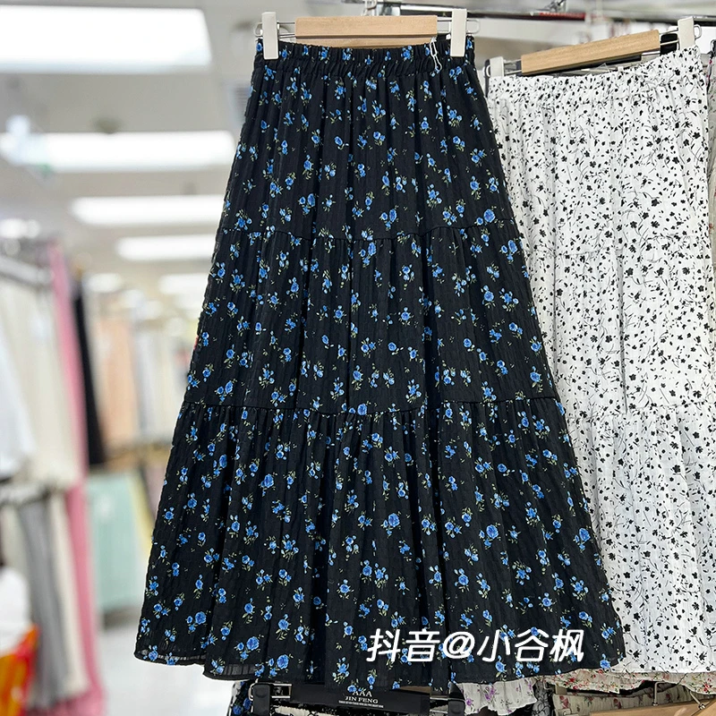 复古小碎花拼接蛋糕半身裙女夏季2025新款小个子高腰显瘦中长裙子