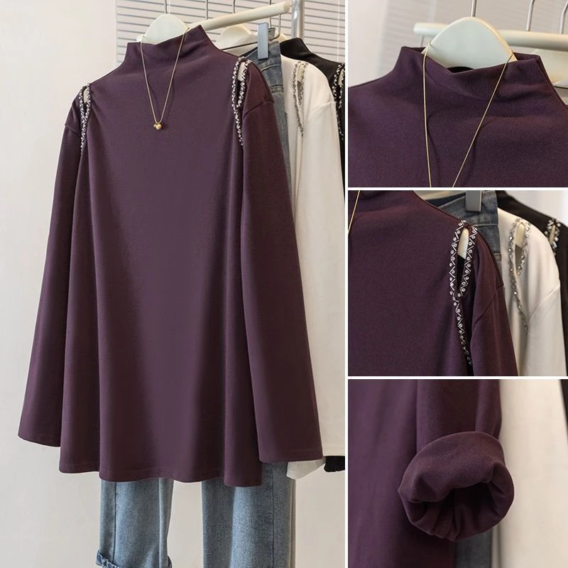 大码双面德绒烫钻半高领打底衫女秋冬季新款宽松时尚长袖保暖上衣