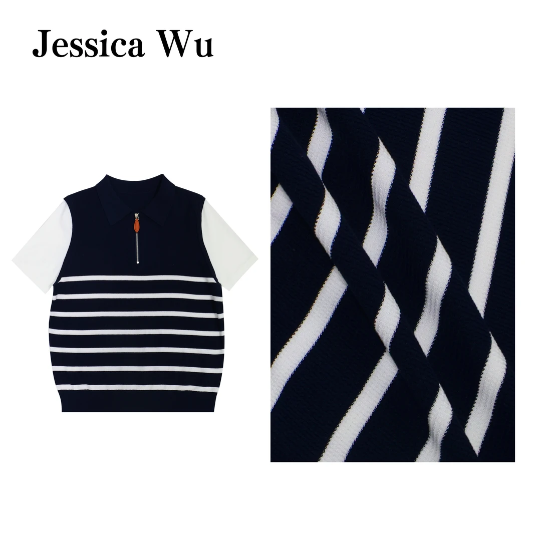 JESSICA WU经典百搭条纹高级感假两件polo领显瘦针织短袖