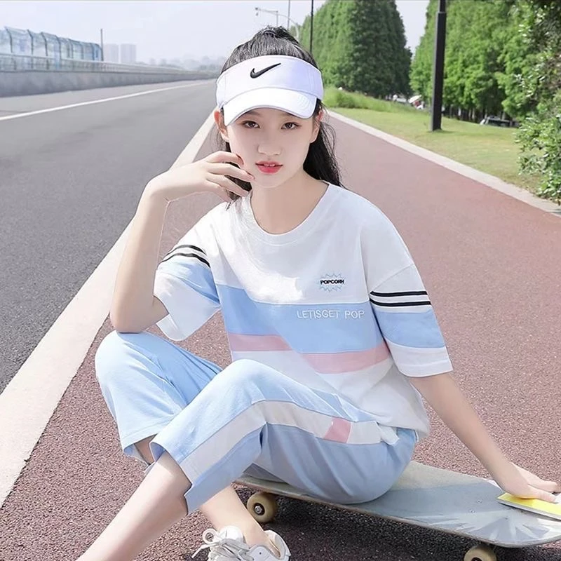 中学生夏装短袖t恤女2024青少年少女半袖学院风宽松高初中生套装
