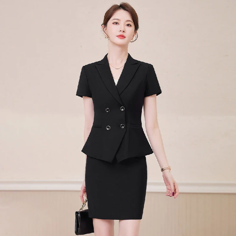 黑色西装套装裙女夏季薄款2025新款酒店前台客服接待职业工作服夏