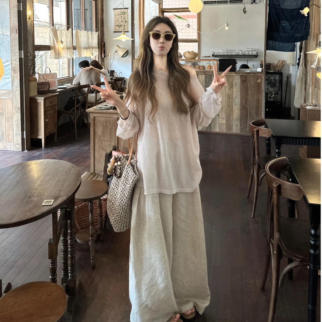 2025夏季时尚斜肩短袖T恤上衣女气质显瘦洋气休闲百搭宽松阔腿裤