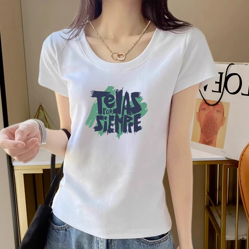 大码胖mm韩版简约U型领短袖T恤女士夏季潮流洋气减龄印花套头上衣