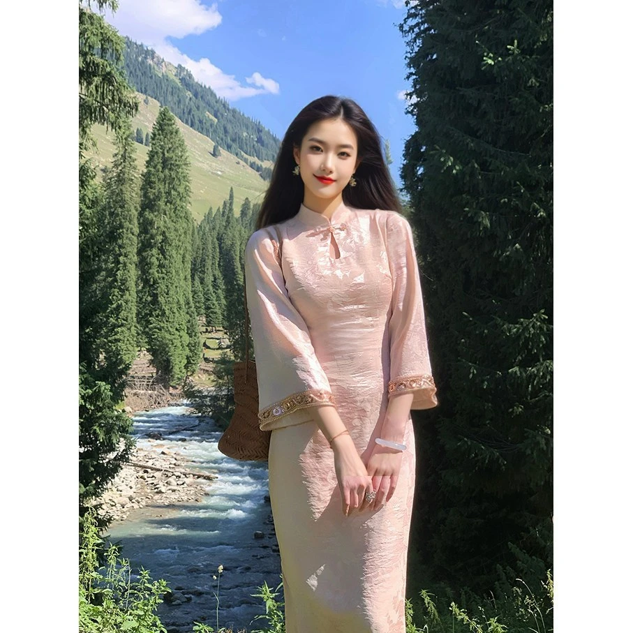 画报夫人【甜月香】新中式珠光提花改良旗袍早秋日常高端旗袍领镂