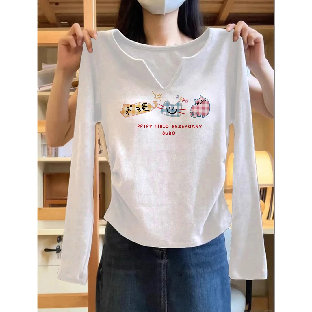 2025爆款秋季洋气显瘦小v领长袖t恤女装漂亮欧货白色小衫修身上衣