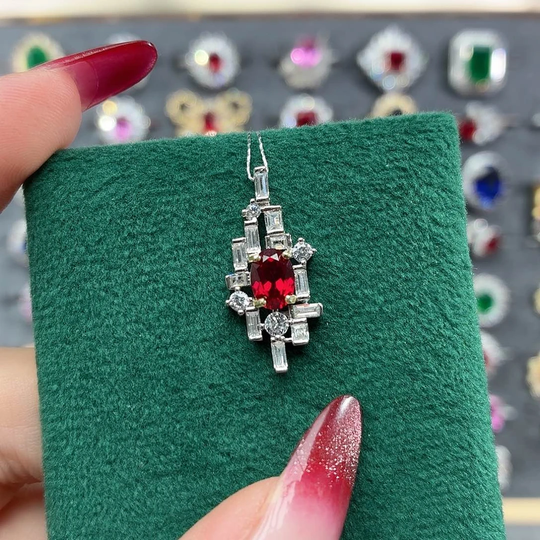 吊坠925银培育鸽血红色宝石