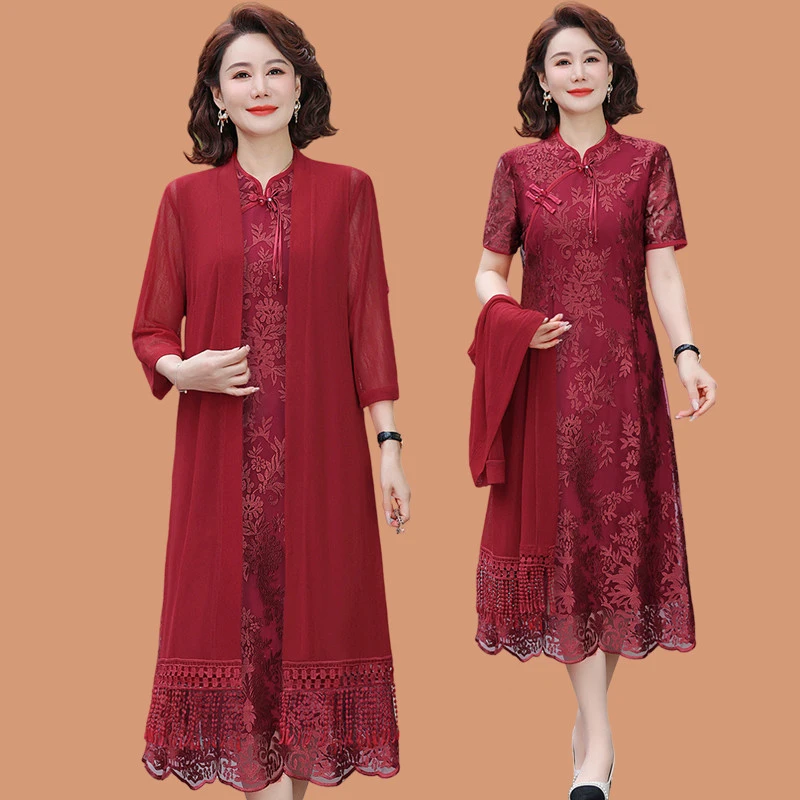喜婆婆婚宴装改良旗袍裙子套装中老年妈妈夏装短袖蕾丝红色连衣裙