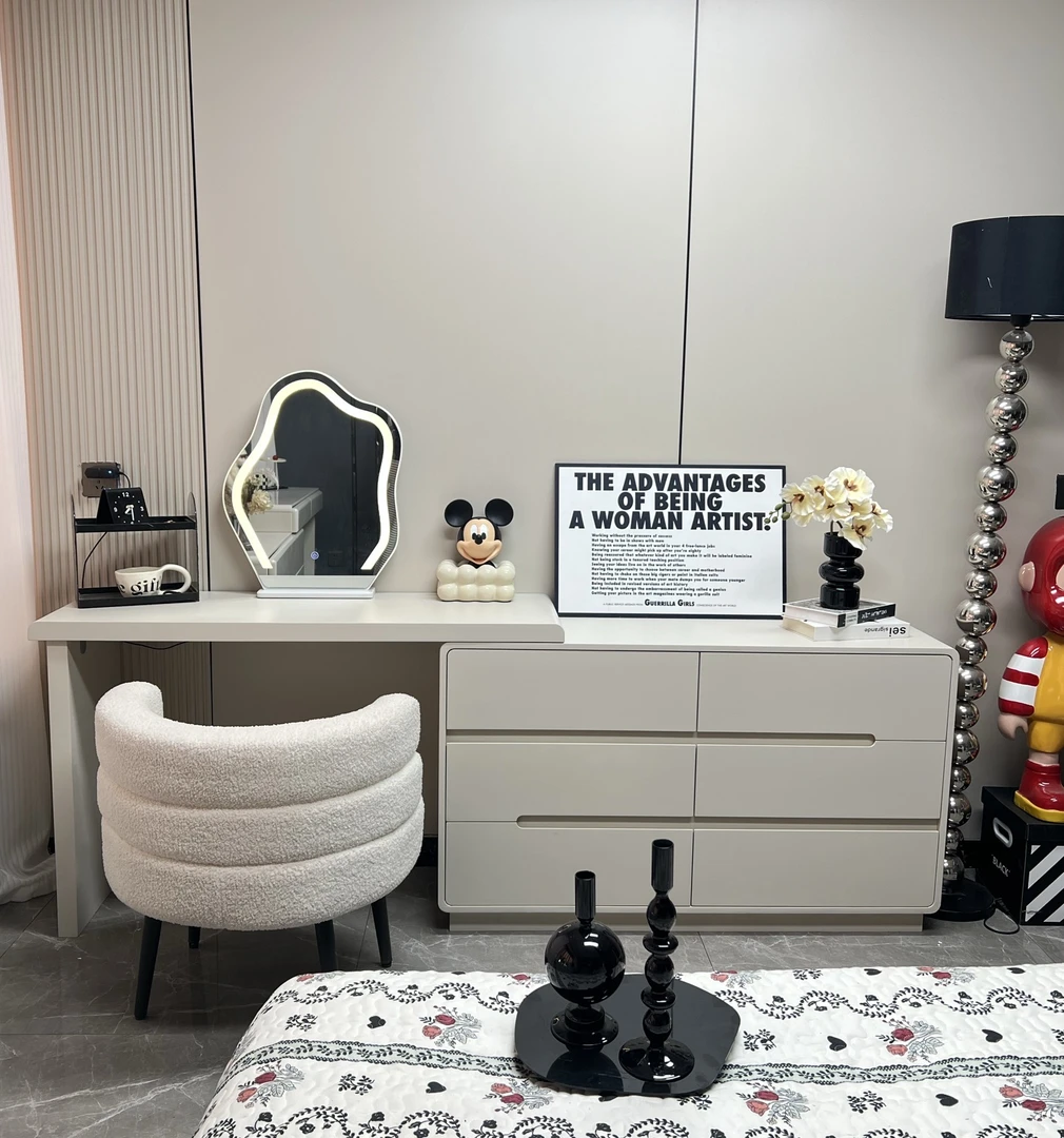 主卧实木化妆桌收纳柜床尾斗柜梳妆台一体书桌卧室简约现代奶油风