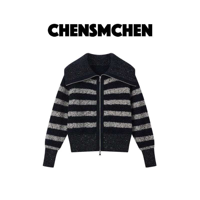 CHENSMCHEN 【冬日絮语】100绵羊毛条纹大翻领拉链开衫CSM12044WL