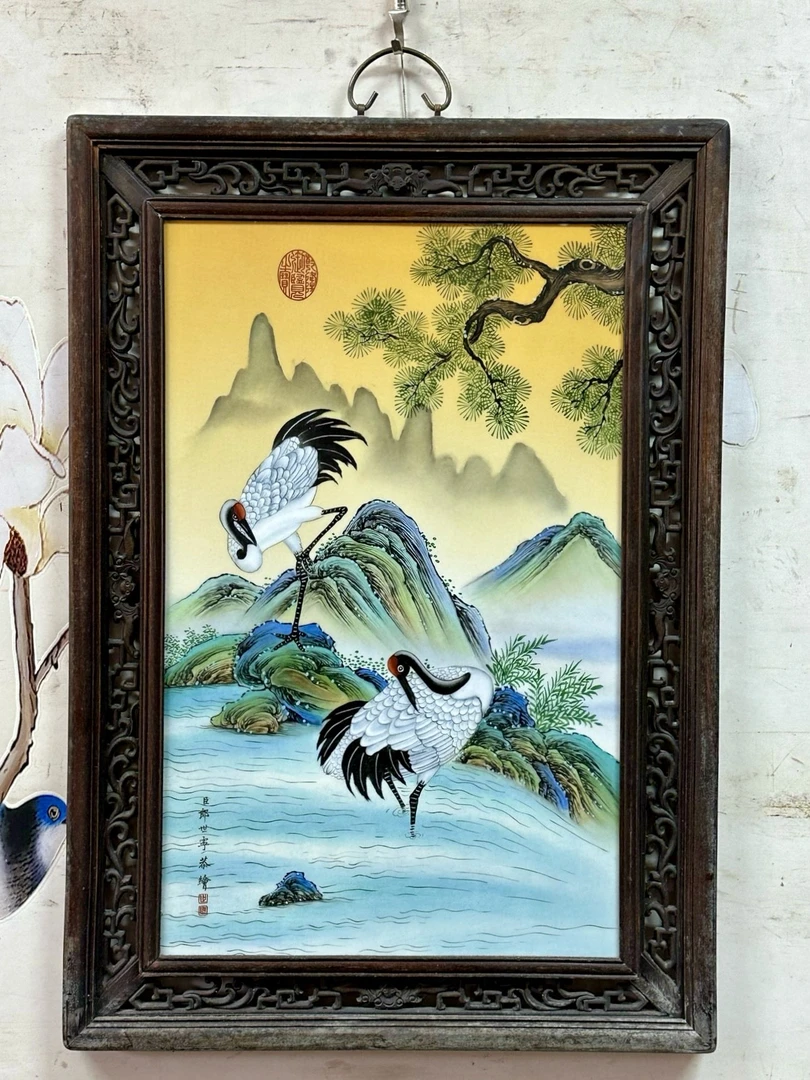 景德镇瓷板画柴窑烧制宫廷御用画师郎世宁松鹤延年珐琅彩花鸟红木