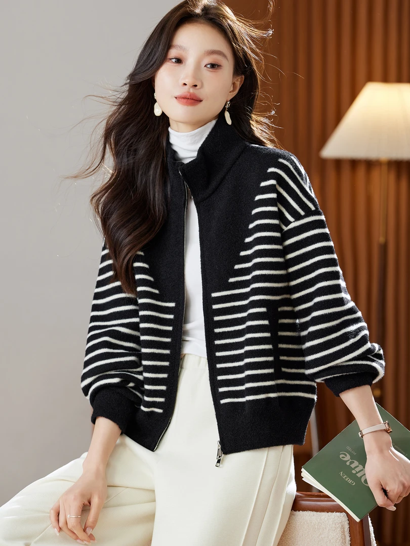 高级感立领条纹毛呢外套女装新款秋冬季休闲拉链针织开衫夹克上衣
