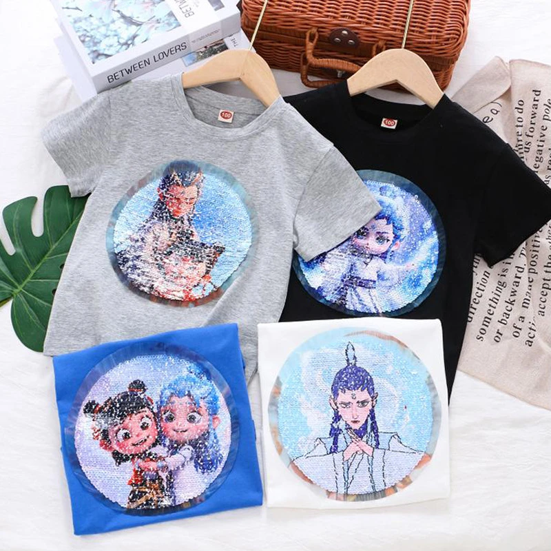 纯棉中大童哪吒闹海短袖男童女童夏季新款敖丙变色亮片儿童装T恤