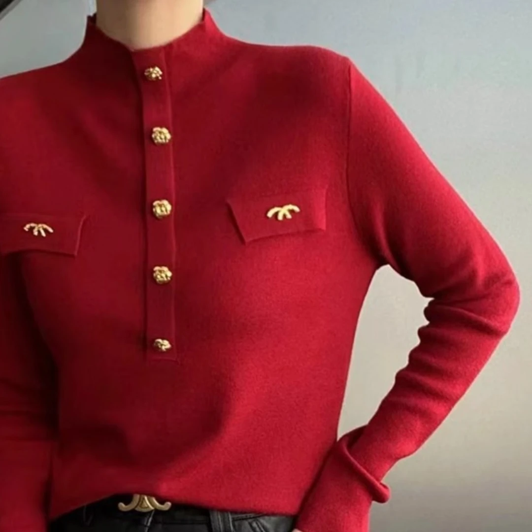 哥弟阿玛施正女装新款设计感半高领针织衫气质显瘦修身打底衫上衣