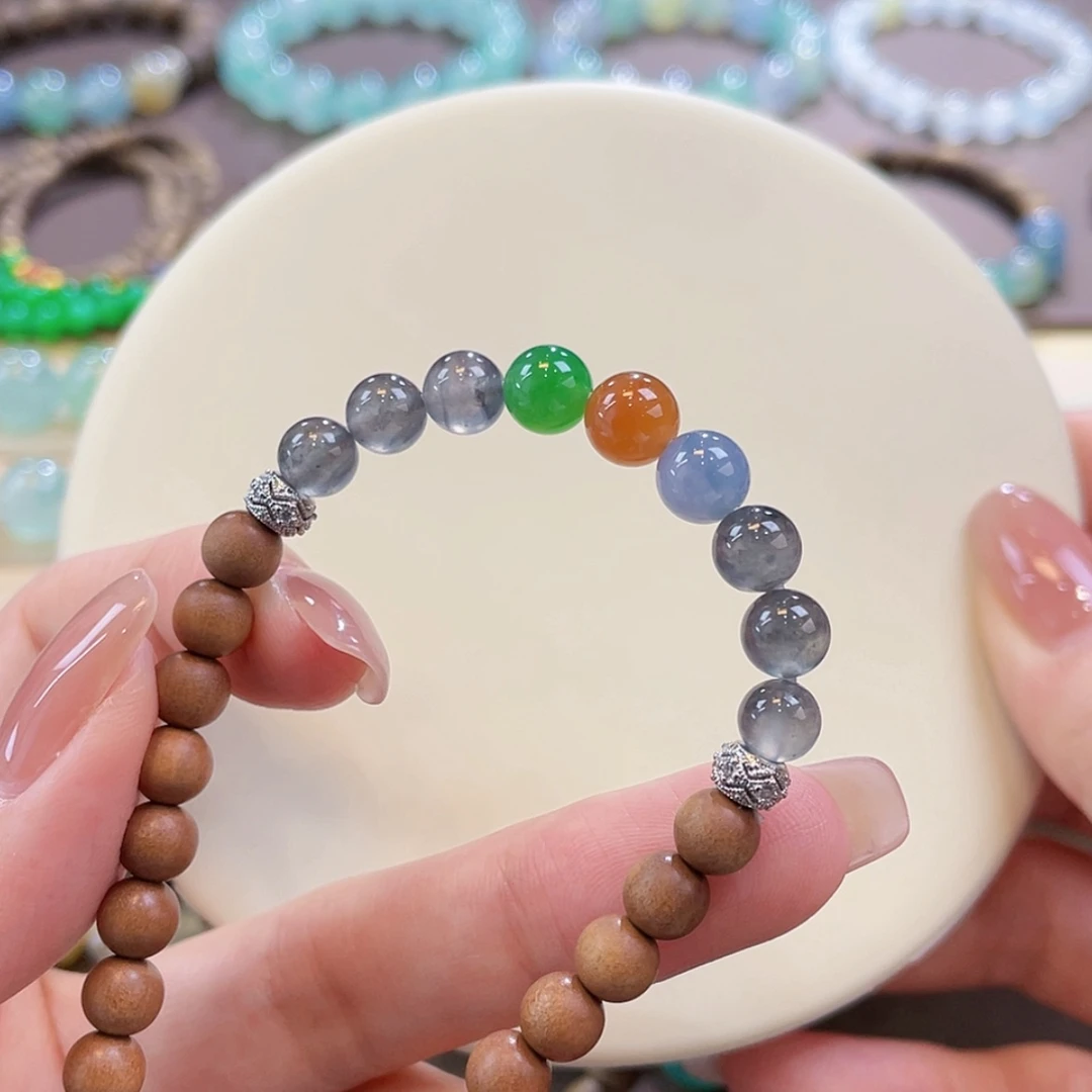 【闪购商品】未镶嵌手串翡翠高冰黑钢三彩卡6-7