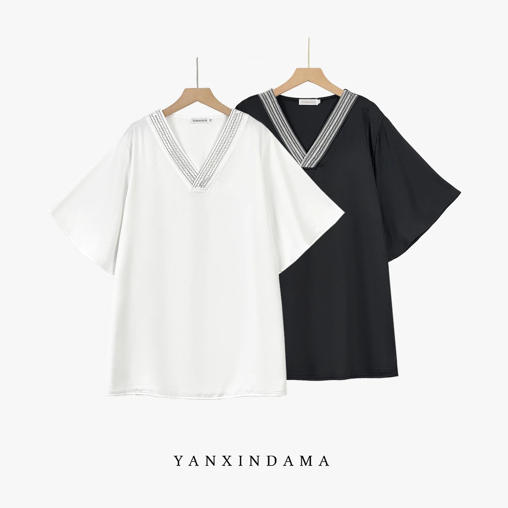 【岩心】大码女装300斤胖MM夏季中长款时尚显瘦宽松短袖T恤9119